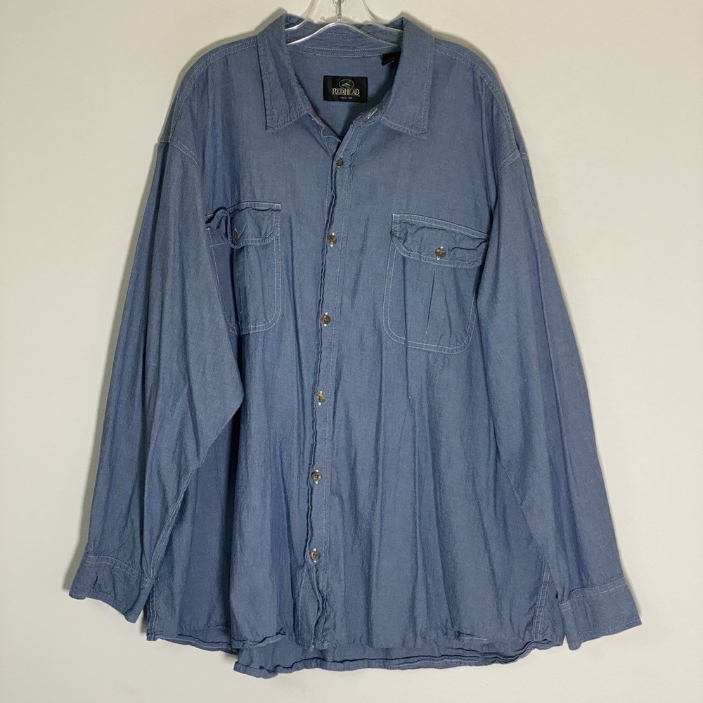 Red Head Shirt Mens 3XL Blue Chambray Denim Button Up Long Sleeve Casual Pockets